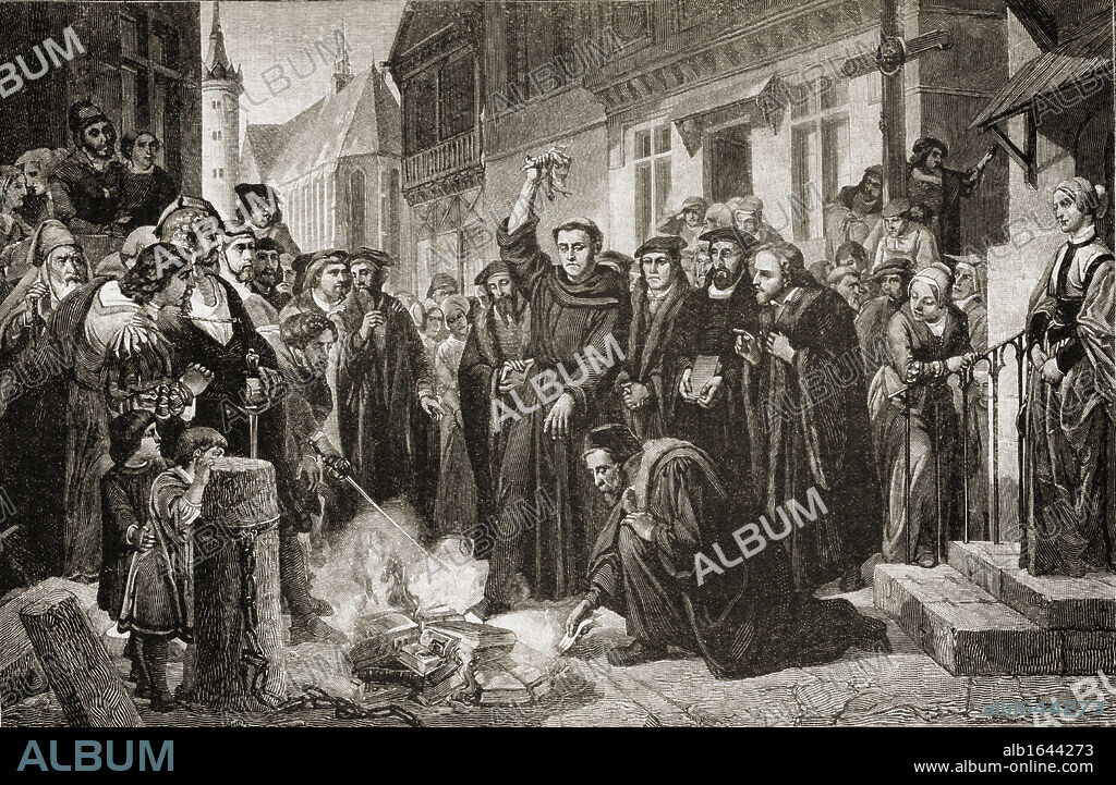 Martin Luther (1483-1546) burning the Papal Bull ("Exurge Domine") along with the book of church law and many other books by his enemies on December 10, 1520 in Wittenberg where the Luther Oak (Luthereiche) stands today. From the picture by F. Martersteig.