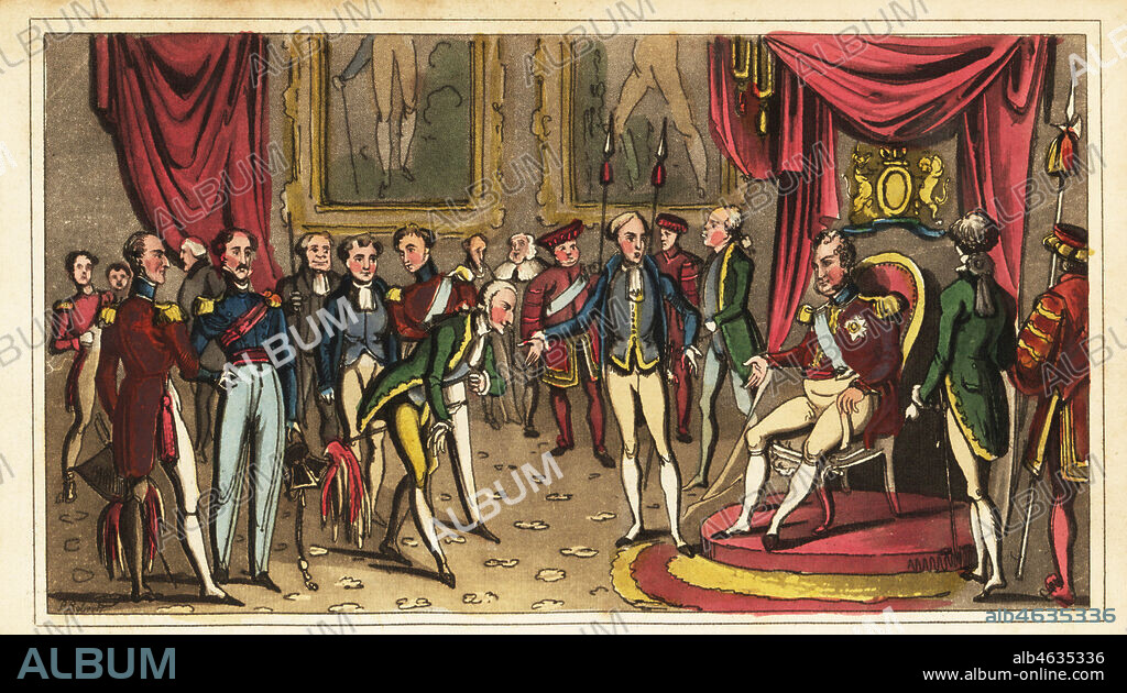 King George IV receiving visitors in Carlton House. Courtiers introduce diplomats and aristocrats to the king on his throne. St. Georges Day. Presentation at the Levee. Handcoloured copperplate engraving from Real Life in London, or, the Further Rambles and Adventures of Bob Tallyho, Esq. and His Cousin The Hon. Tom Dashall, through the Metropolis, Jones, London 1821. Anonymous imitation of Pierce Egans Life in London.