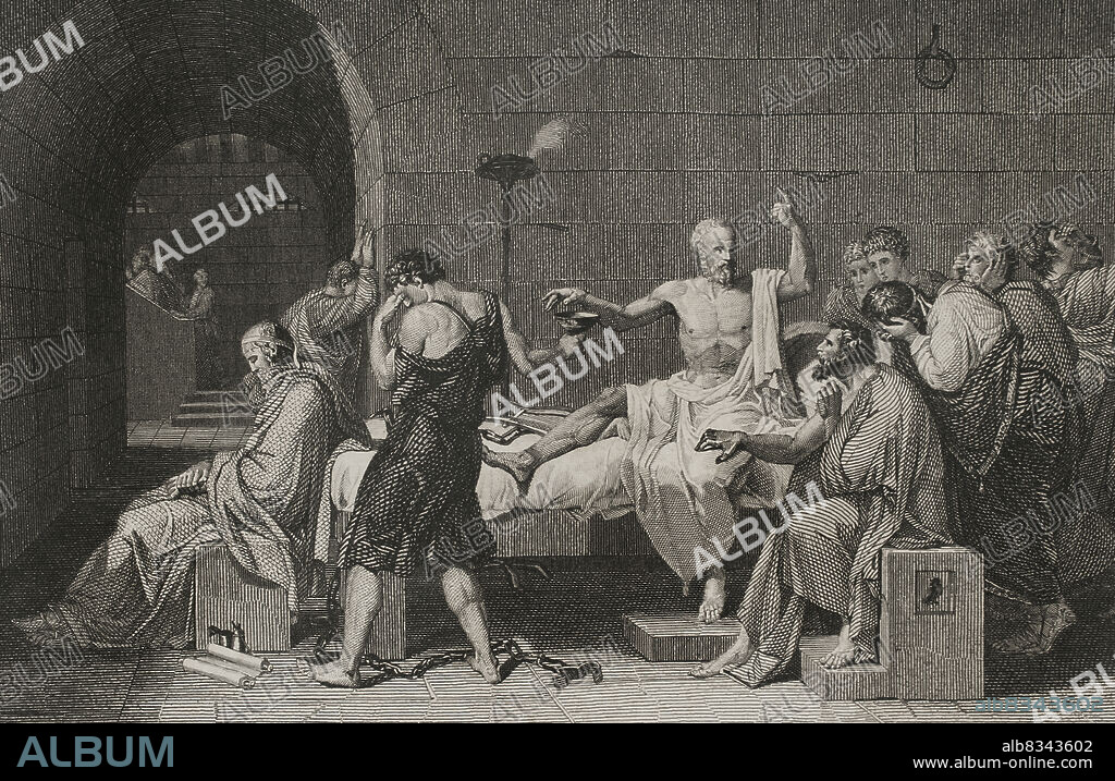 ANTONIO ROCA SALLENT (1813-1864). SPANISH ENGRAVER.. Socrates (ca. 470 BC - 399 BC). Greek philosopher. Accused of corrupting the youth, he was condemned to death by the Heliaia (Supreme Court of Ancient Athens). Death of Socrates. The scene shows Plato seated at the foot of the bed, in a meditative attitude. Engraving by A. Roca, based on the painting by Jacques-Louis David. "Historia Universal", by César Cantú. Volume I, 1854.