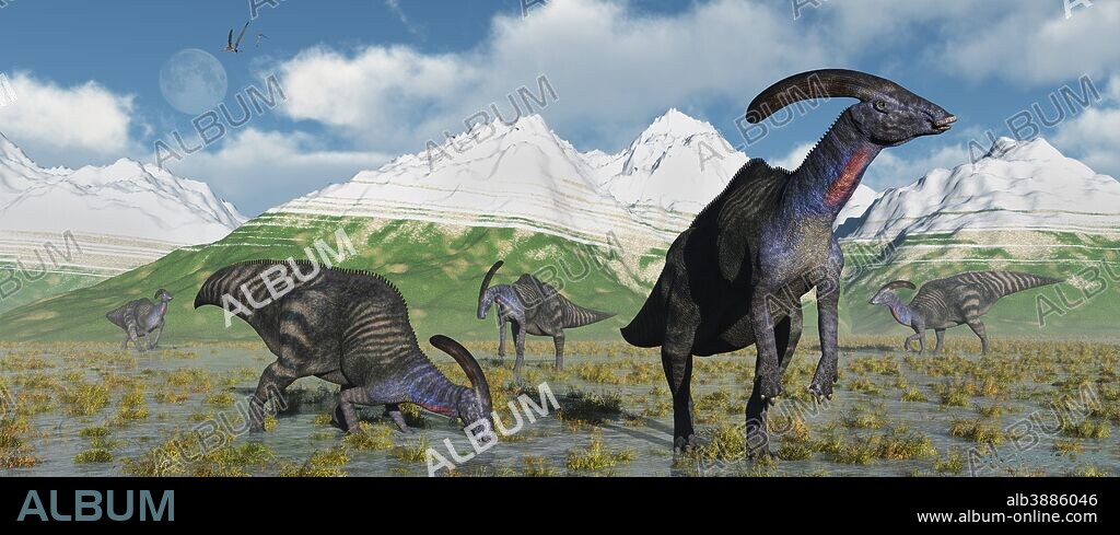 A herd of Parasaurolophus hadrosaur dinosaurs during Earth's Cretaceous period.