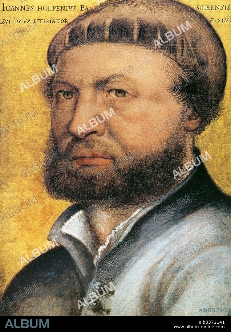 Hans Holbein the Younger (c.1497 1543) was a German and Swiss artist and printmaker who worked in a Northern Renaissance style. He is best known as one of the greatest portraitists of the 16th century. He also produced religious art, satire, and Reformation propaganda, and made a significant contribution to the history of book design. He is called 'the Younger' to distinguish him from his father, Hans Holbein the Elder, an accomplished painter of the Late Gothic school.<br/><br/>. The Self Portrait is a small drawing by the German Renaissance artist and printmaker Hans Holbein the Younger, completed around 1542-1543, and housed in the Uffizi, Florence. The gold background was added later by a different artist. According to art historian John Rowlands, 'Although this drawing has been enlarged on all sides and heavily reworked, enough of it still shows to allow the assumption that the original work was executed by Holbein. The inscription, also a later addition, evidently records an even earlier one, of which slight traces remain'.