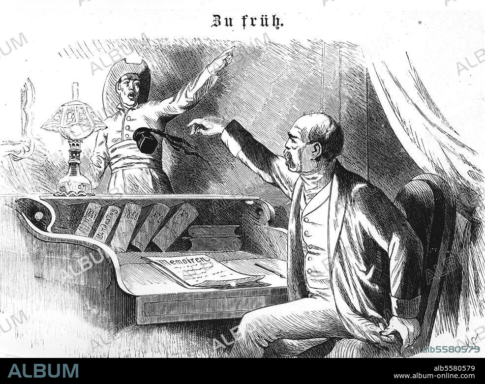 WILHELM SCHOLZ (ZEICHNER UND MALER). Bismarck, Otto von; Staatsmann; 1815-98. - "Zu früh. Fürst Bismarck soll in Varzin begonnen haben, seine Memoiren zu schreiben. (...) ". (Karikatur auf den Kulturkampf. Das Gespenst eines Jesuiten erinnert Bismarck an die Fortsetzung des Kampfes). Holzstich nach Wilhelm Scholz (1824-93). Aus: Kladderadatsch, (Mai?) 1872.