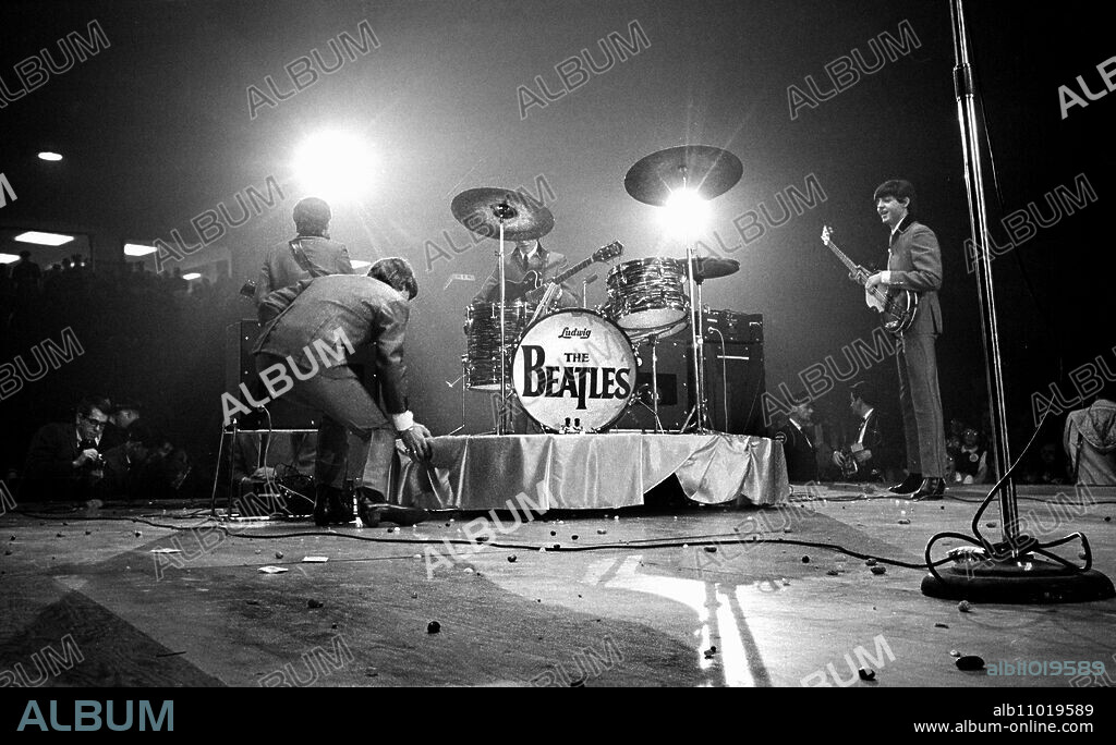 English rock and roll band The Beatles on stage during performance, Washington Coliseum, Washington, D.C., USA, Marion S. Trikosko, U.S. News & World Report Magazine Photograph Collection, February 11, 1964.