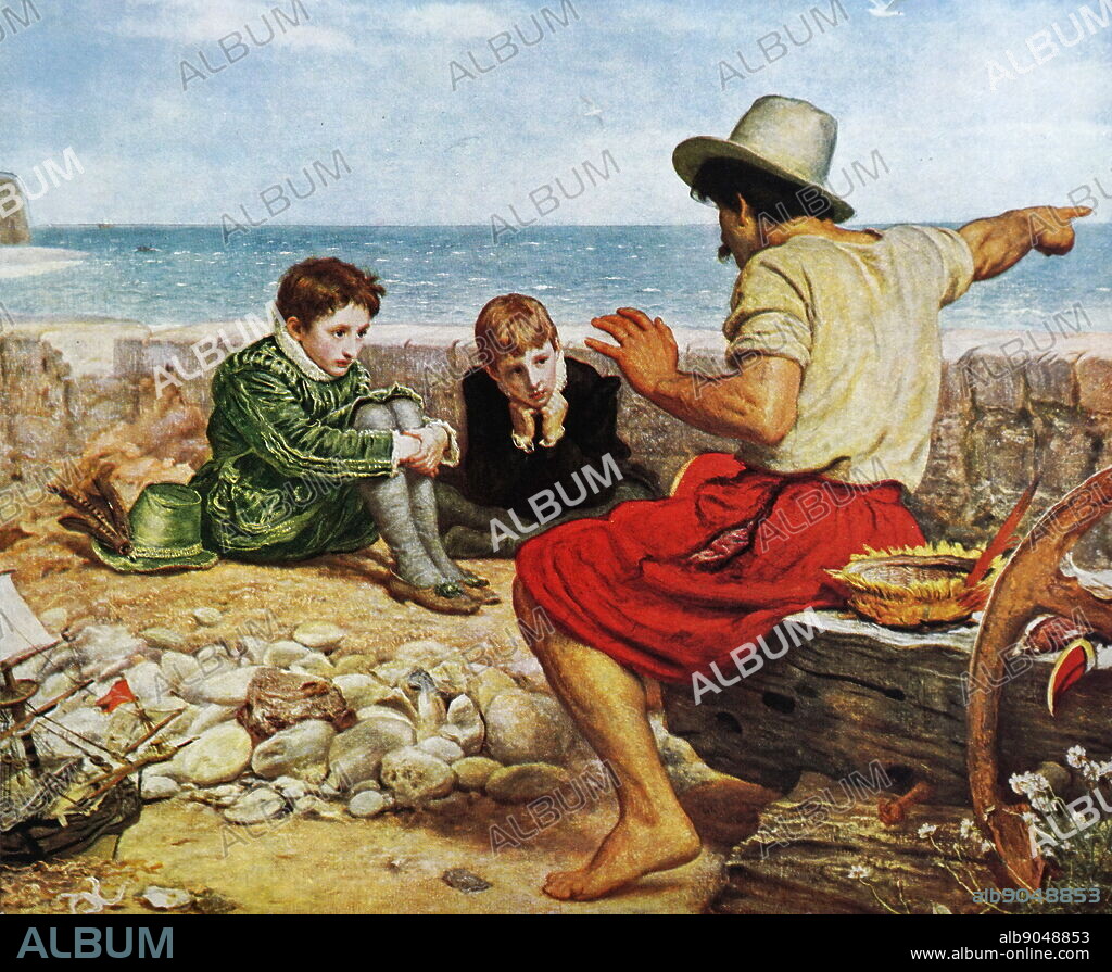 Painting titled 'The Boyhood of Raleigh' by Sir John Everett Millais. Sir John Everett Millais, 1st Baronet (1829-1896) an English painter and illustrator.