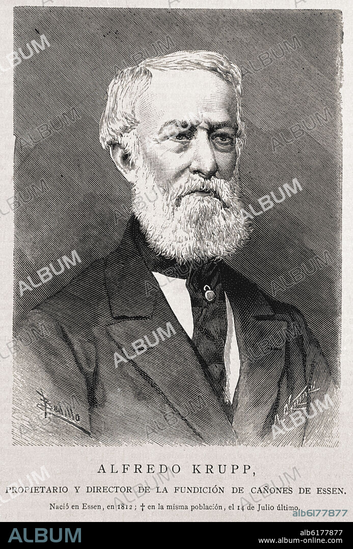 BADILLO. RETRATO DE ALFREDO KRUPP PROPIETARIO DE LA FUNDACION DE CAÑONES ESSEN - GRABADO S XIX.