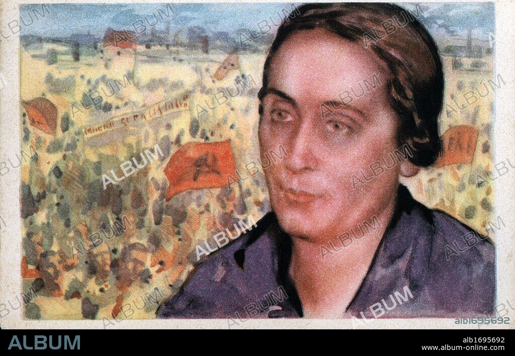 Dibujo de Dolores Ibárruri, "la Pasionaria", representante de Asturias en el parlamento de España. Dirigente política en la Segunda República Española y en la Guerra Civil. Histórica dirigente del Partido Comunista de España. Tarjeta postal editada por Cruz Roja. Año 1936.