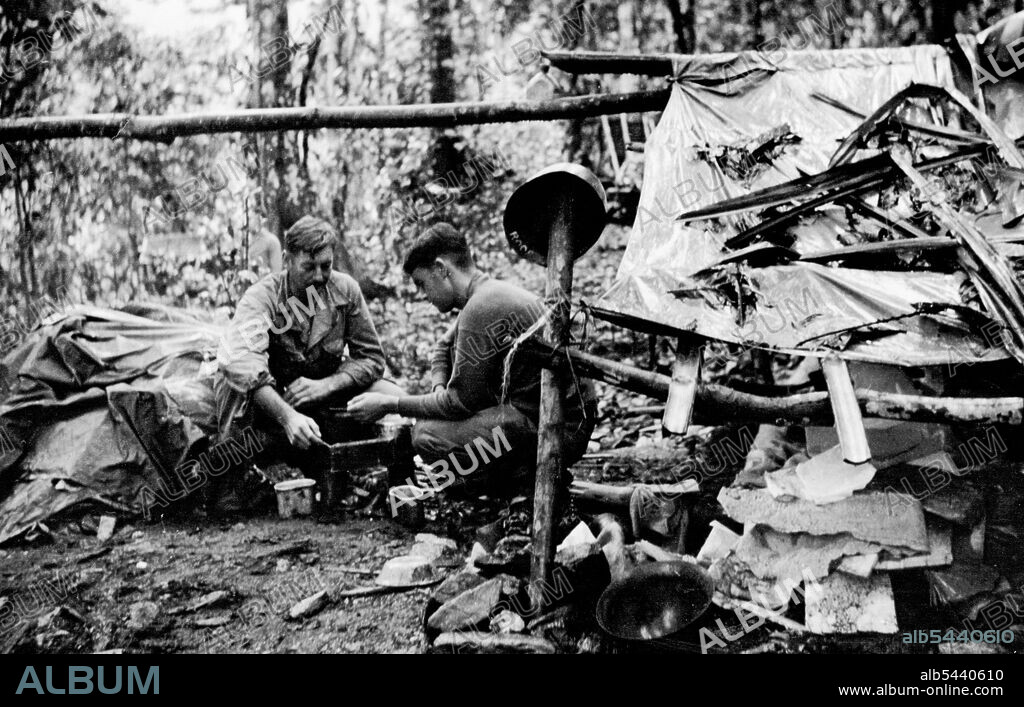 Sgt. William Roof, of Maryville, California, and Sgt. Win Beatty, of Portland, Oregon, preparing their meal at a camp they made on Mount Tambu by strapping their ground sheets over a timber framework. They are members of an American Artillery Battery. August 22, 1943. (Photo by Department of Information, Commonwealth of Australia).