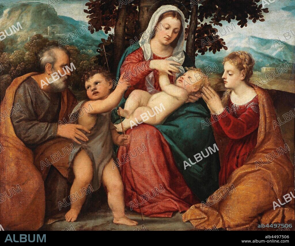BONIFACIO VERONESE (DE' PITATI). Holy Family with Saint John the Baptist and Saint Catherine.