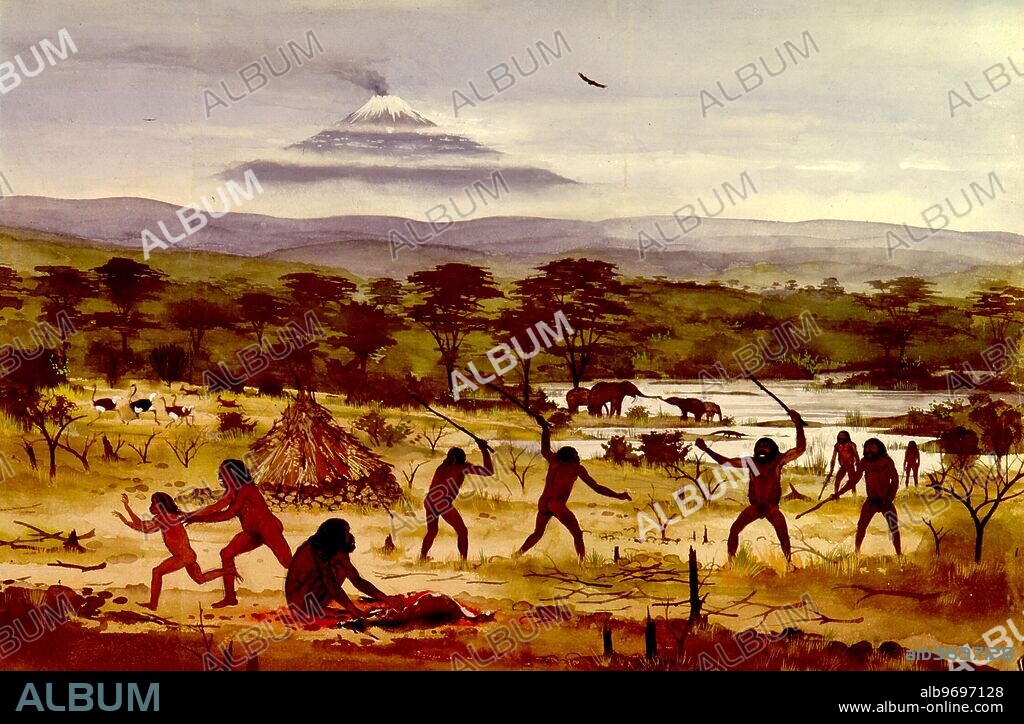 Origins of man Africa painting by Maurice Wilson based on Dr Leakey's find of the life of Homo Habilis in the Olduvai Gorge.