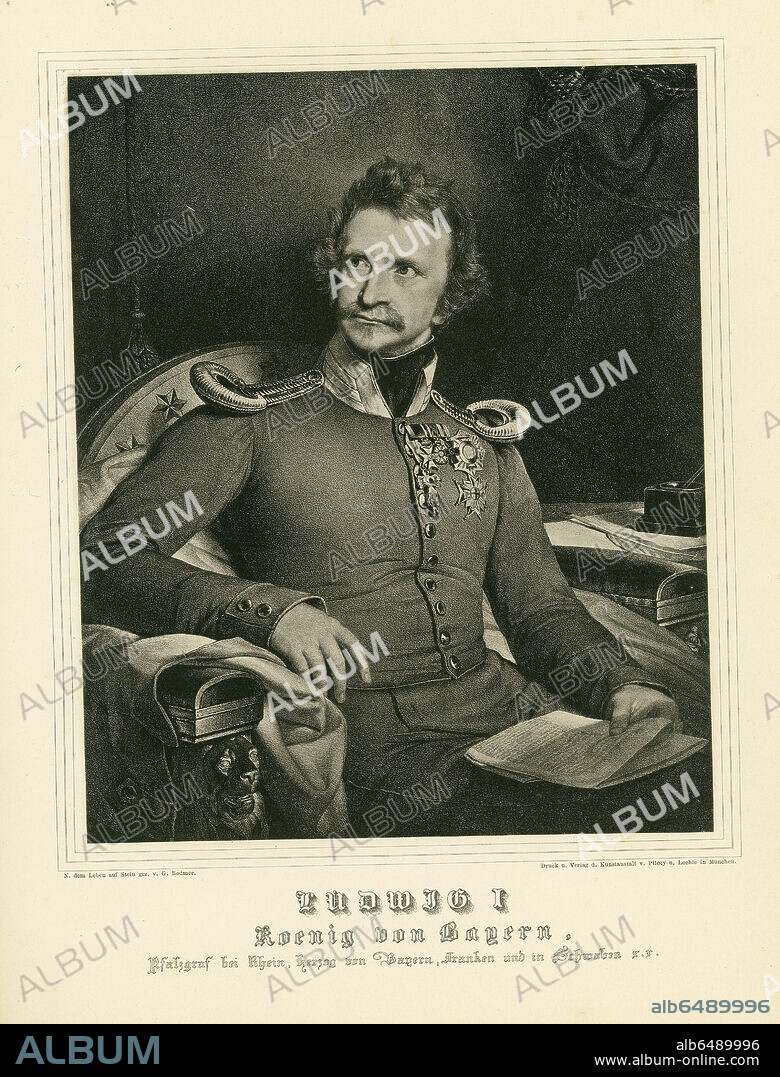 Ludwig I, King of Bavaria (1786-1868). 
Phototype from "Allgemeines Historisches Porträtwerk" (historical portraits), a collection of 600 portraits of the most famous persons of all cultures and origis since 1300. Volume one: dukes and popes. Munich, 1884. Verlagsanstalt fuer Kunst und Wissenschaft, vormals Friedrich Bruckmann.
