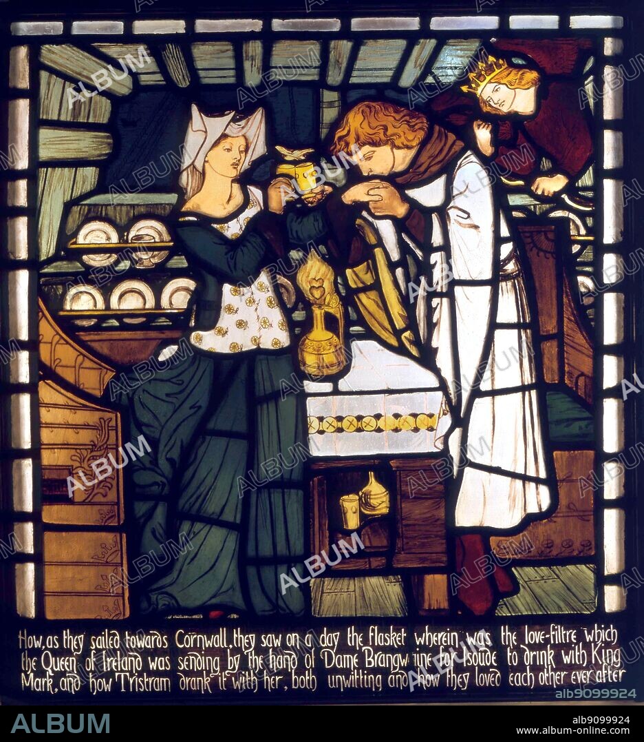 Tristan & Isolde - 1862. The Love Potion, intended for Isolde the Fair and King Mark of Cornwall, but drunk by Tristan and Isolde the Fair, from 'The Story of Tristan and Isolde', stained glass window from the Music Room, Harden Grange, nr. Bingley, Yorkshire, designed by Dante G. William Morris (March 24, 1834 - October 3, 1896) was one of the principal founders of the British Arts and Crafts movement and is best known as a designer of wallpaper and patterned fabrics, a writer of poetry and fiction, and a pioneer of the socialist movement in Britain near London. Location © Bradford Art Galleries and Museums, West Yorkshire, UK . ©2006 TopFoto.