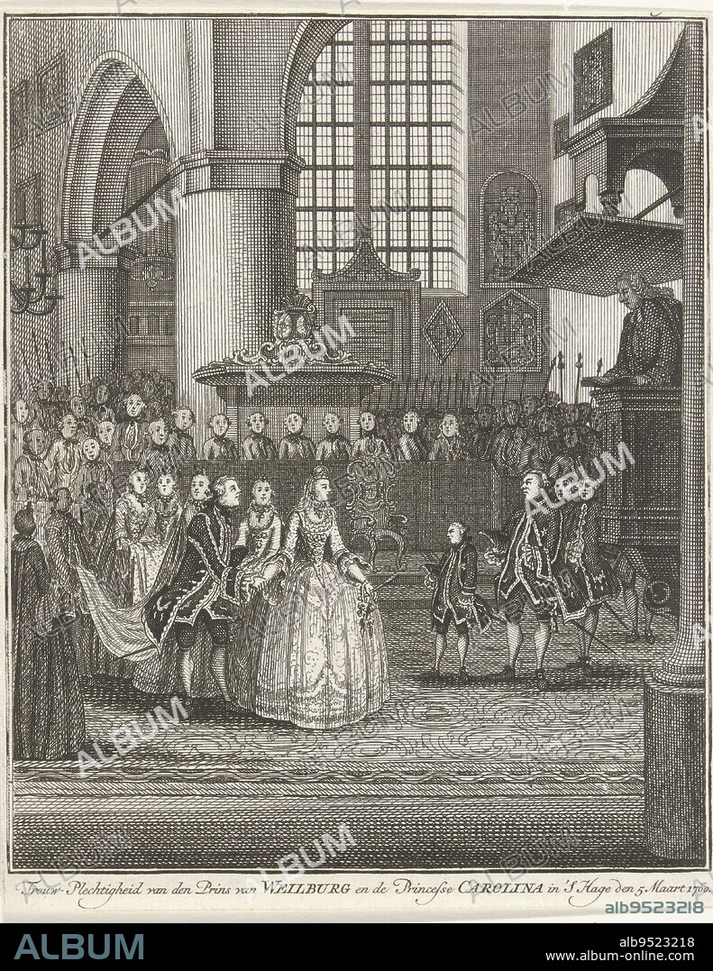 Marriage of Charlemagne Christiaan van Nassau-Weilburg to Princess Carolina in the Grote Kerk in The Hague, 5 March 1760. On the right the vicar in the pulpit, before that Prince Willem V and his guardian the Duke of Brunswick, Marriage of Charlemagne Christiaan van Nassau-Weilburg to Princess Carolina, 1760 Wedding of the Prince of Weilburg and the Princess Carolina in 's Hage den 5. March 1760, print maker: anonymous, Northern Netherlands, 1760, paper, etching, engraving, h 174 mm × w 137 mm.
