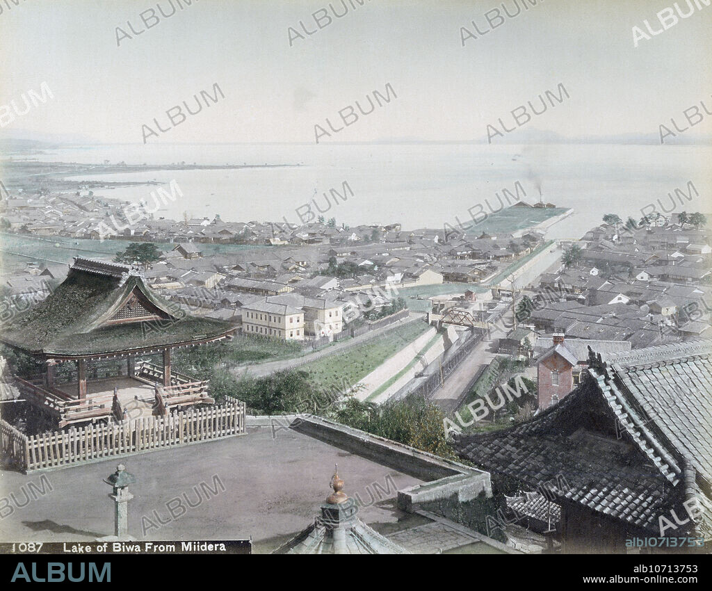 [ 1890s Japan - Otsu and Lake Biwa as Seen from Miidera Temple ] Otsu City and Lake Biwa in Shiga Prefecture as seen from Miidera (), a Buddhist temple also known as Enjoji (). The canal is the Lake Biwa Waterway (, Biwako Sosui) designed by Sakuro Tanabe to generate electricity and supply drinking water for Kyoto City, as well as facilitate transportation. This photo is believed to have been taken shortly after the opening of the canal in 1890 (Meiji 23). 19th century vintage albumen photograph.