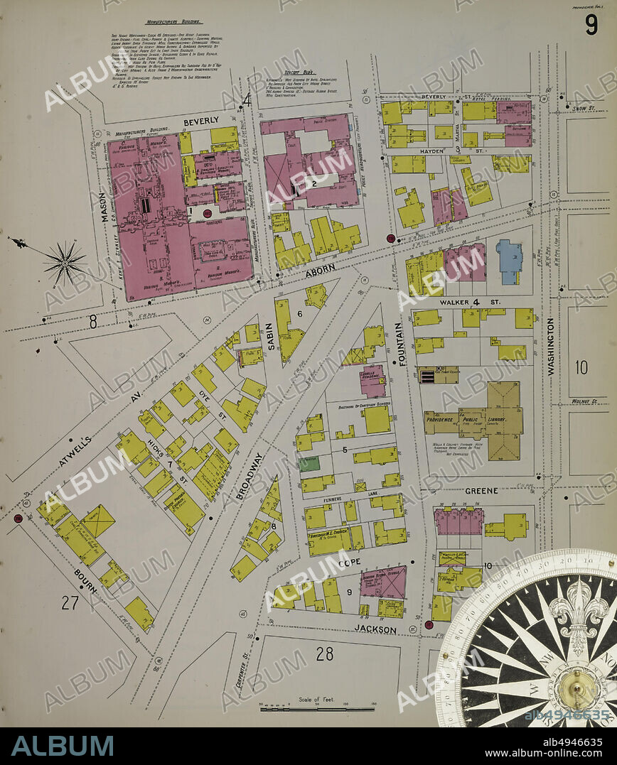 Image 17 of Sanborn Fire Insurance Map from Providence, Providence County, Rhode Island. 1889-1900 Vol. 1. 105 Sheet(s). 8 skeleton maps. Bound, America, street map with a Nineteenth Century compass.