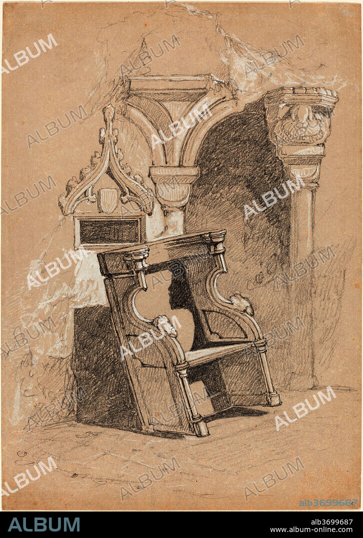 JOHN SELL COTMAN. Sketch of Ruined Church Interior with Chair. Dimensions: overall: 33.2 x 23.5 cm (13 1/16 x 9 1/4 in.). Medium: graphite heightened with white on gray paper.
