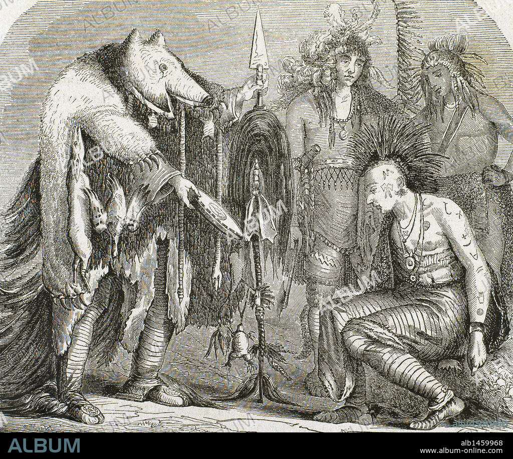 INDIOS DE AMERICA DEL NORTE. Médicos Iroqués y Chippeways, habitantes del Lago Superior y del Arkansas. Grabado del año 1878.