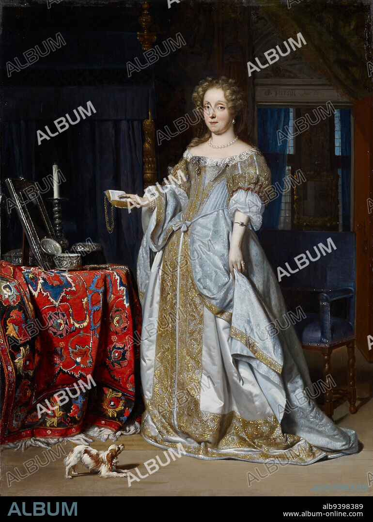 Portrait of Lucia Wijbrants, 1667, Gabriël Metsu, Dutch, 16291667, 22 1/2 x 17 in. (57.15 x 43.18 cm) (canvas)30 x 24 1/2 in. (76.2 x 62.23 cm) (outer frame), Oil on panel, Netherlands, 17th century, We can now put a name to this face. For centuries, this painting was known simply as Portrait of a Woman. Recent research revealed her identity: Lucia Wijbrants, the wealthy widow of a Dutch cloth merchant. She stands at her dressing table, surrounded by her pricey possessions, while a frisky spaniel begs for attention. Lucia emerged from a variety of sources, including known portraits (of her and her husband) featuring similar likenesses and some of the same belongings pictured here. In fact, the bed behind her was previously owned by her husbands first wife.