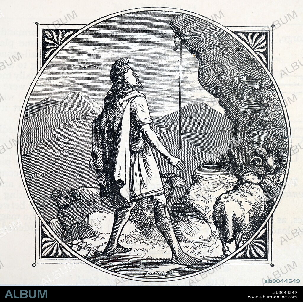 Illustration showing Magnes the shepherd on Mount Ida, who according to Lucretius (in 'De Rerum Natura') Ist century AD, discovered magnetite.
