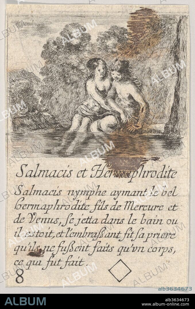 Salmacis and Hermaphrodite, from 'Game of Mythology' (Jeu de la Mythologie). Artist: Stefano della Bella (Italian, Florence 1610-1664 Florence). Dimensions: Sheet: 3 7/16 x 2 1/4 in. (8.8 x 5.7 cm). Series/Portfolio: 'Game of Mythology' (Jeu de la Mythologie). Date: 1644.