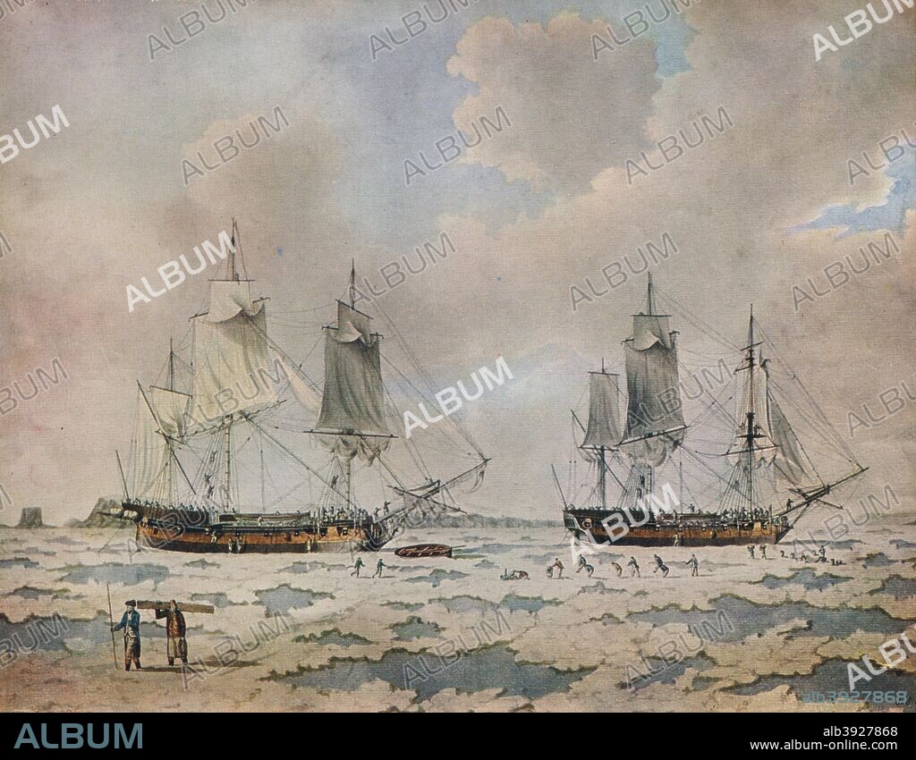 'The ships of Lord Mulgrave's expedition of discovery embedded in ice in the Polar Regions', 1774. HMS 'Racehorse' and 'Carcass' sailed from the Nore on the sandbank of the Thames Estuary, under the command of Captain Constantine John Phipps to Spitzbergen in the Svalbard archipelago. The 'Carcass' was comanded by Commander Skeffington Lutwidge, with a young Horatio Nelson on board as a midshipman. Watercolour held at the Victoria And Albert Museum. From Adventures By Sea From Art of Old Time, by Basil Lubbock. [The Studio Ltd., London, 1925].