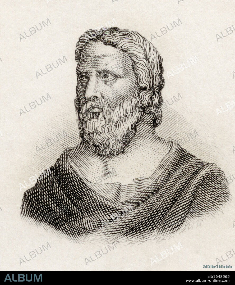Heraclitus of Ephesus aka The Obscure or The Weeping Philosopher, born circa 535 BC died circa 475 BC. Pre-Socratic Greek philosopher. From the book Crabbes Historical Dictionary published 1825.