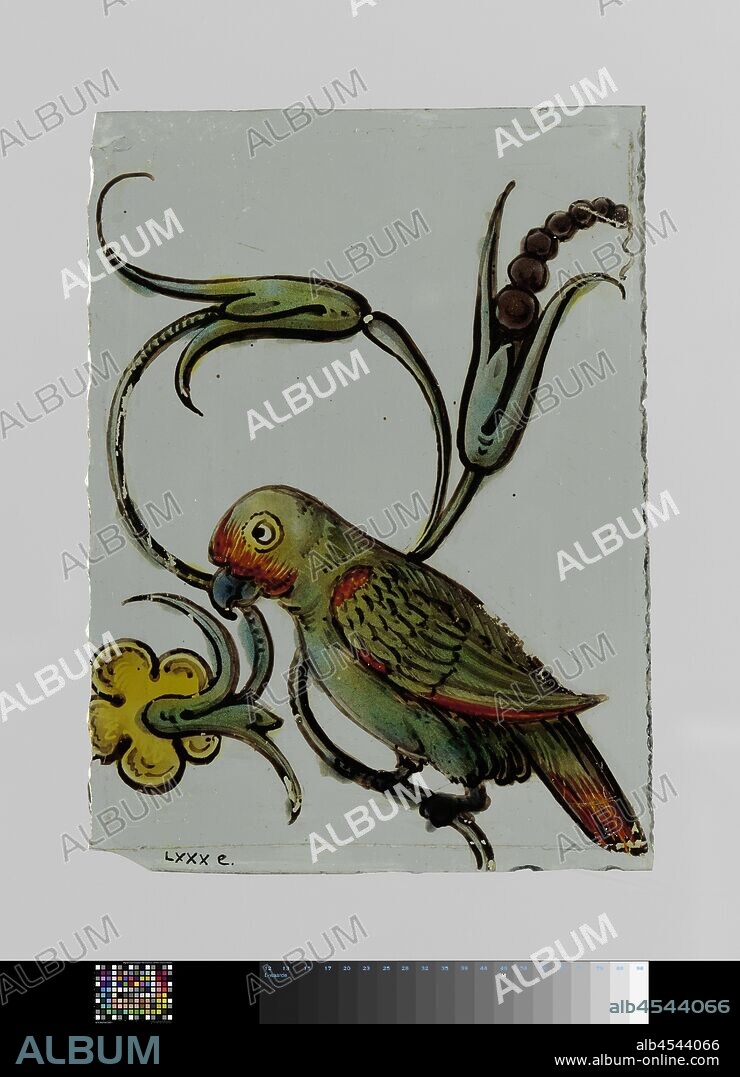 Rhombus with a bird with a branch of flowers in its mouth, A diamond with enamel painting of a bird in mainly blue, red and silvery yellow, The bird has a branch of flowers in the mouth, birds, anonymous, c. 1650 - c. 1675, glass, silver stain, h 11.6 cm × w 8.5 cm.