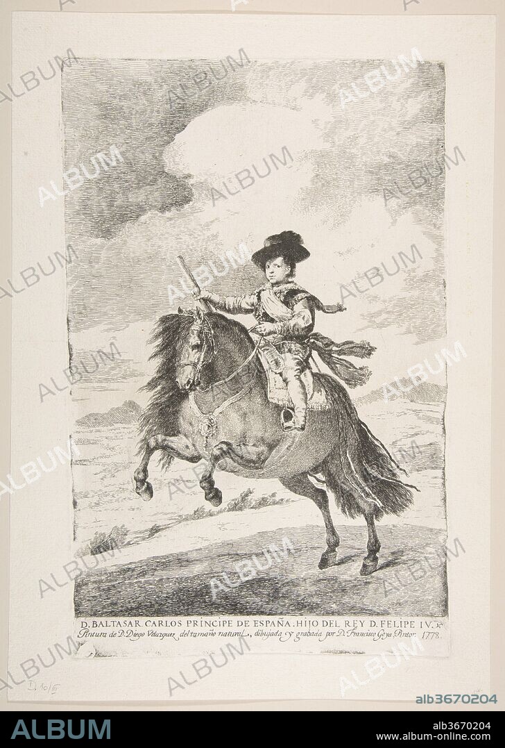 GOYA (FRANCISCO DE GOYA Y LUCIENTES) y AFTER VELÁZQUEZ (DIEGO RODRÍGUEZ DE SILVA Y VELÁZQUEZ). Balthasar Carlos, Prince of Spain and Son of Philip IV (D. Baltasar Carlos Principe de España. Hijo del Rey D. Felipe IV), from Etchings after Velazquez. Artist: Goya (Francisco de Goya y Lucientes) (Spanish, Fuendetodos 1746-1828 Bordeaux); After Velázquez (Diego Rodríguez de Silva y Velázquez) (Spanish, Seville 1599-1660 Madrid). Dimensions: Plate: 13 9/16 × 8 11/16 in. (34.5 × 22 cm)
Sheet: 15 9/16 in. × 11 in. (39.5 × 28 cm). Series/Portfolio: Etchings after Velazquez. Sitter: Balthasar Carlos, Prince of Spain, son of Philip IV. Date: 1778.