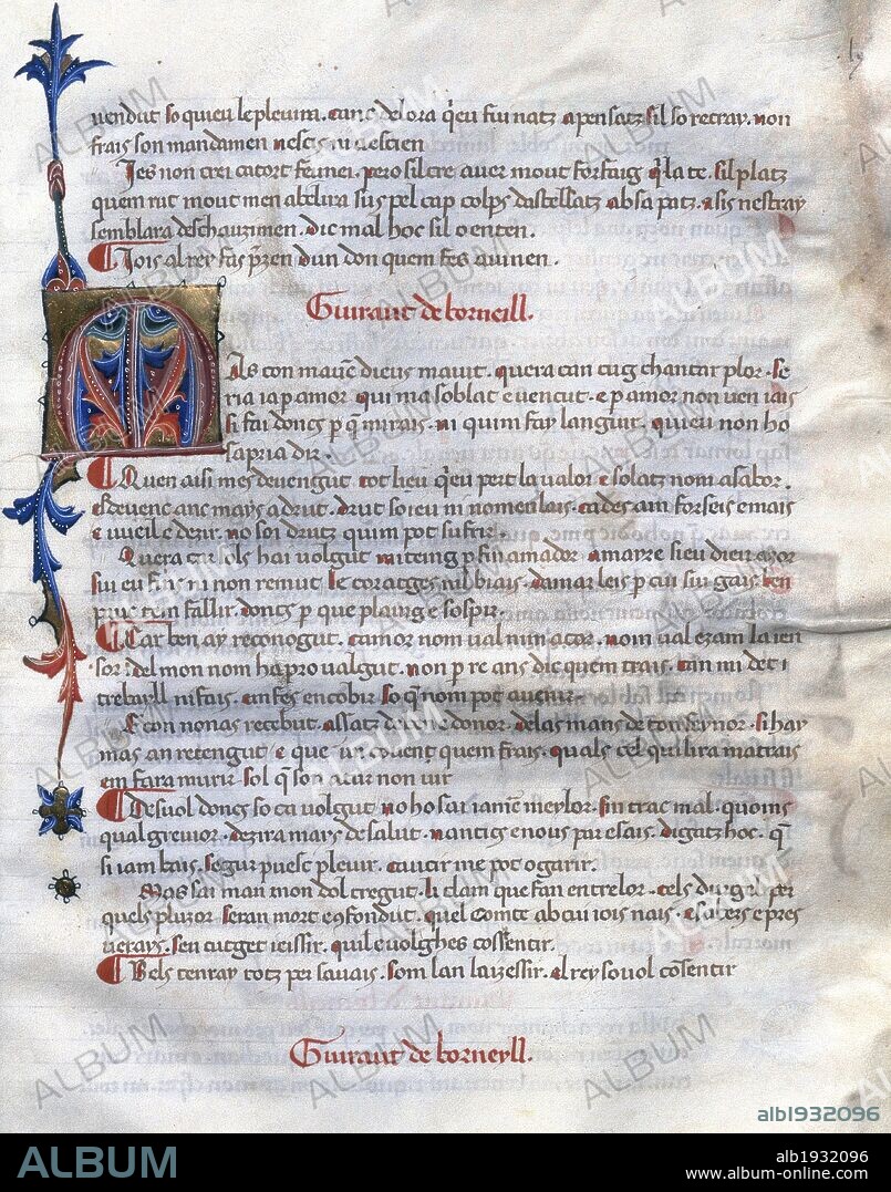 LITERATURA CATALANO-PROVENZAL. S. XII-XIII GIRAUT DE BORNELH (1169-1199). Trovador provenzal, profesional de la poesía. Era llamado "Maestro de los trovadores". Manuscrito llamado "Cançoner Gil", del siglo XIV, con poesías de dicho trovador. Biblioteca de Cataluña. Barcelona. España.