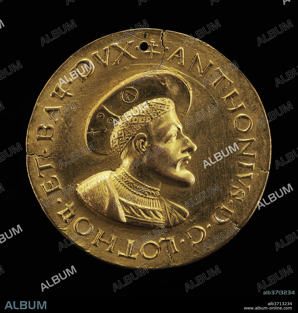 FRENCH 16TH CENTURY. Antoine, 1489-1544, Duke of Lorraine and Bar 1508 [obverse]. Dated: early 16th century. Dimensions: overall (diameter): 4.23 cm (1 11/16 in.)  gross weight: 28.42 gr (0.063 lb.)  axis: 12:00. Medium: gilded bronze.