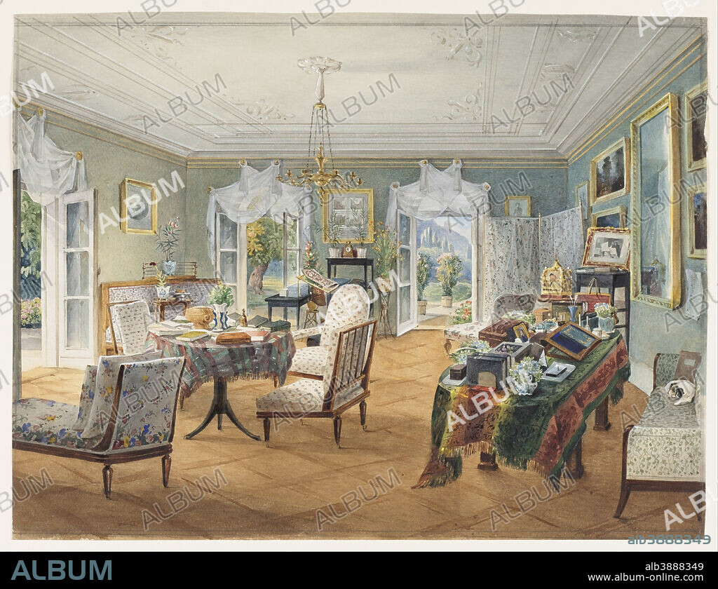 UNKNOWN. A Sitting Room, perhaps in a Country Dacha. Drawing. Brush and watercolor, white gouache and graphite on white wove paper.