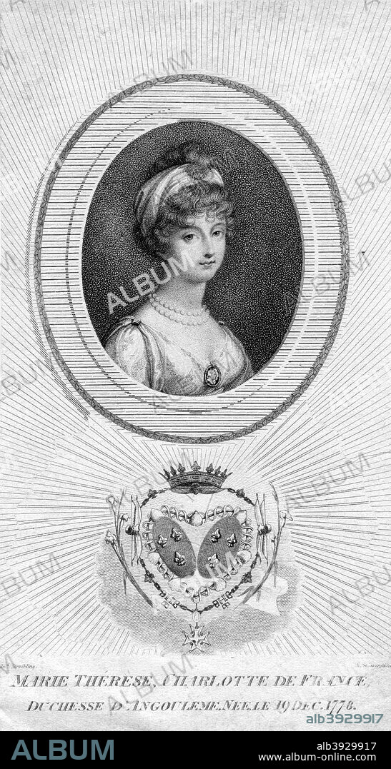 Marie-Therese-Charlotte de Bourbon, Duchess of Angouleme and Dauphine of France, 1805. The eldest child of King Louis XVI of France and Queen Marie Antoinette, Marie-Therese-Charlotte (1778-1851) lived in exile after her parents' execution until the abdication of Napoleon I in 1814, when the royal family was restored to the French monarchy.