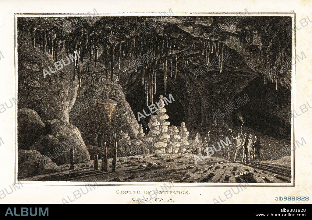 Tourists with torches exploring the grotto of Antiparos, Aegean Sea, Greece.. Cave with stalactites and stalagmites. Aquatint drawn and engraved by William Daniell from William Woods Zoography, Cadell and Davies, 1807.