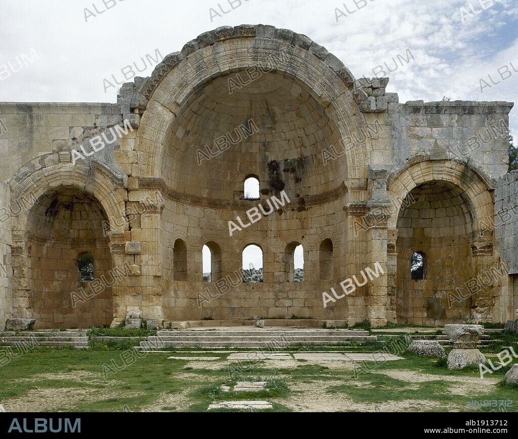 Syria. Aleppo. Church of Saint Simeon Stylites. It was built on the site of the pillar of St. Simeon Stylites. Byzantine style. Octagonal courtyard, bordered by four basilicas in the shape of a rood-tree and decribed as a four-basilica church.  Chapel. Mount Simeon. Historical photography (taken before the Syrian Civil War).