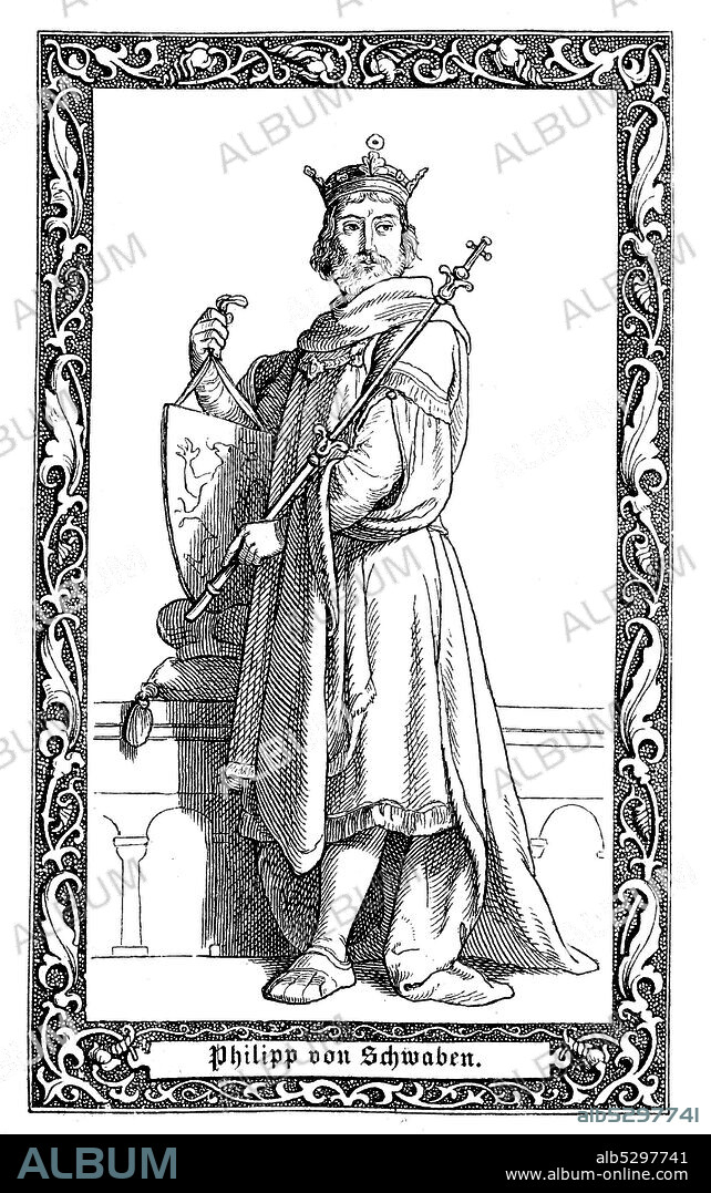 Philip of Swabia, a prince of the House of Hohenstaufen and King of Germany. Philipp von Schwaben, 1177-1208, Adelsgeschlecht der Staufer, von 1198 bis zu seiner Ermordung 1208 römisch-deutscher König, Digital improved reproduction of an illustration from the 19th century.