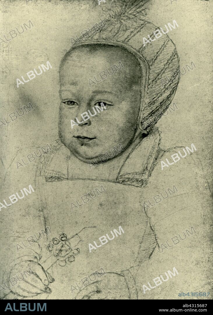 'César duc de Vendôme', 1596, (1907). Portrait of French noble César, Duke of Vendôme as a baby. De Bourbon (1594-1665) was the illegitimate son of Henry IV of France and his mistress Gabrielle d'Estrées, and founder of the House of Bourbon-Vendome. He held the titles of 1st Duke of Vendôme, 2nd Duke of Beaufort and 2nd Duke of Étampes. After a drawing of 1596 by Benjamin Foulon, in the Bibliothèque nationale de France, Paris. From "Exposition de Portraits, peints et dessinés", (Exhibition of painted and drawn portraits), catalogue of the Bibliothèque Nationale, April-June 1907. [Librairie Centrale Des Beaux-Arts, Paris, 1907].