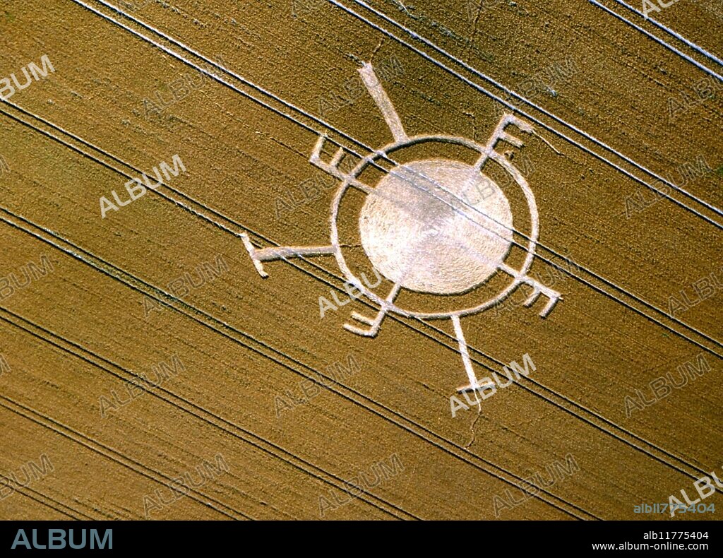 CORN CIRCLES. Concentrics, with outer circle equally cut by reversed F forms, something in the form of a widdershins Swastika. The whole resembles a medieval planetary seal. In region of the Hackpen Hill, on the Marlborough Downs. Photographed on 5 August 1994.