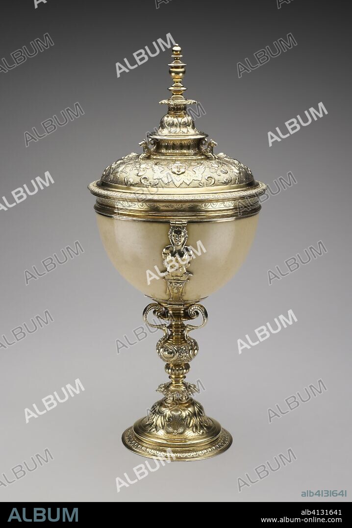 Ostrich Cup. John Spilman (English, born Bavaria, died 1626); England, London. Date: 1590. Dimensions: Cup: 21.3 x 13.5 cm (8 3/8 x 5 5/16 in.)
Lid: 11.4 x 14.1 cm x (4 1/2 x 5 9/16 in.)
Overall: 32.1 x 14.1 cm (12 5/8 x 5 9/16 in.). Silver gilt and ostrich egg. Origin: London.