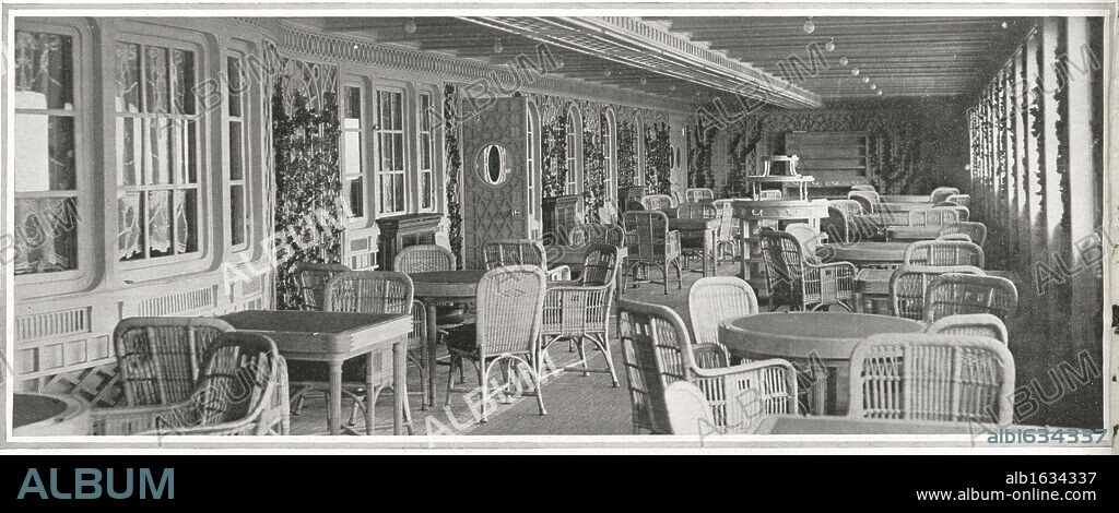 Parisian Café, Titanic. A photograph of the sumptuos Parisian café on Titanic, with its trelliswork and climbing plants. Titanic was built by Harland & Wolff in Belfast Ireland during 1910 - 1911, and sank on 15th April, 1912, after striking an iceberg off the coast of New Foundland during her maiden voyage from Southampton, England to New York, USA, with the loss of 1,522 passengers and crew. (Photo by Titanic Images/Universal Images Group).