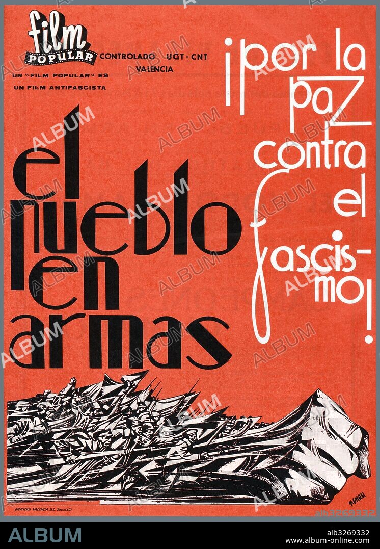 El pueblo en Armas, con el lema ¡Por la paz contra el fascismo! Cartel de las Jornadas de películas populares programadas en el cine de Viladecans por UGT-CNT Valencia. Noviembre de 1936.