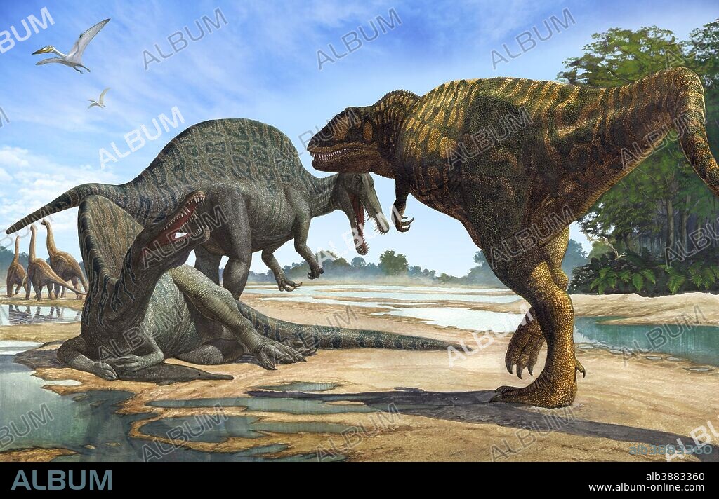 A Carcharodontosaurus invades the territory of two Spinosaurus dinosaurs.