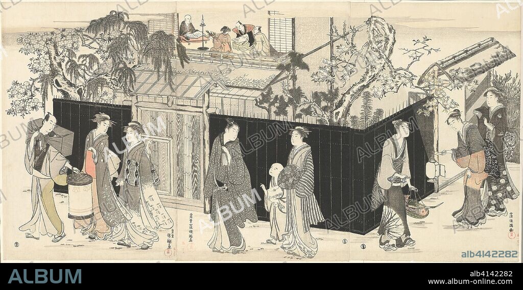 Returning from a Poetry Gathering. Kubo Shunman; Japanese, 1757-1820. Date: 1780-1794. Dimensions: 37.8 x 25.4 cm (right sheet); 38.0 x 25.4 cm (center sheet); 37.7 x 25.5 cm (left sheet); 38.0 x 75.4 cm (all three sheets). Color woodblock print; oban triptych. Origin: Japan.