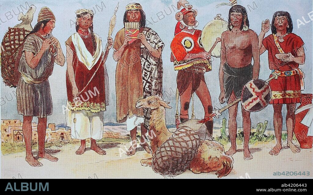 Clothing, fashion in South America, the Inca in Peru in the 15.-16. Century, from the left, a load carrier with back basket, a woman with a hand spindle, a lama driver with pipe flute and a llama, a warrior with gong or tambourine, a hostile Indian of primitive culture and a sacrificial priest, digital improved reproduction from an original from the year 1900.