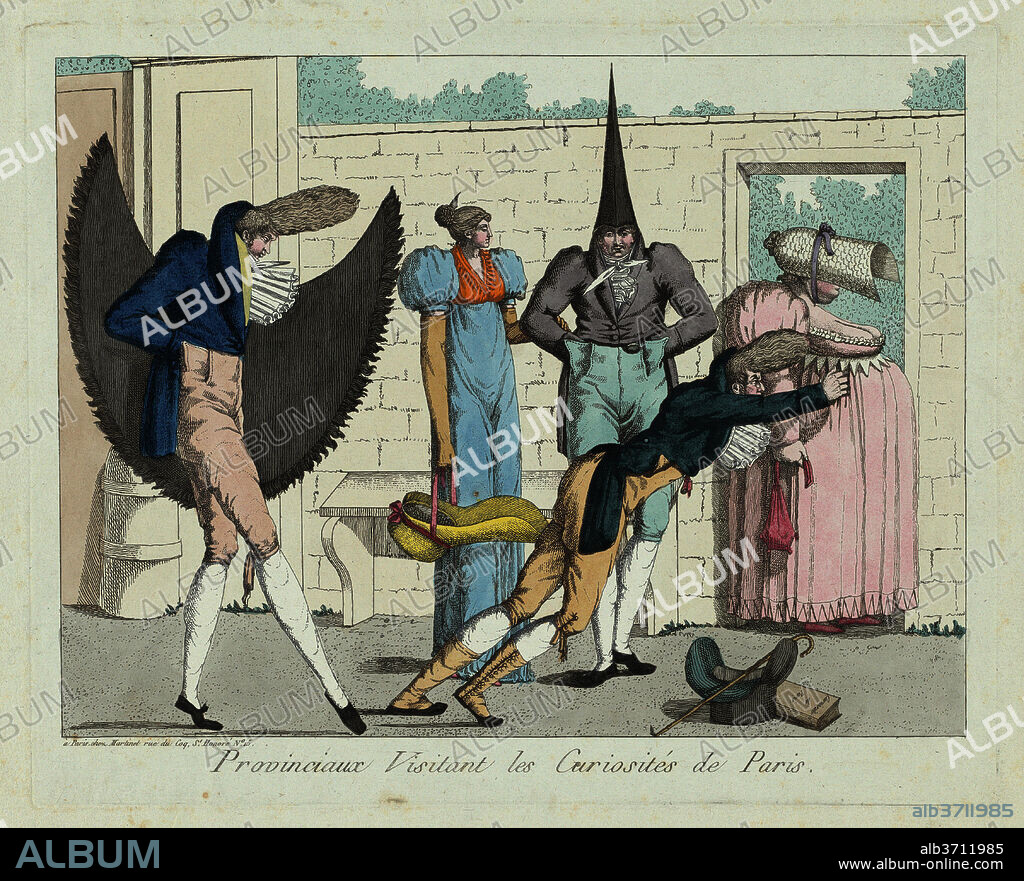 FRENCH 19TH CENTURY. Provinciaux visitant les curiosités de Paris (Provinicials Visiting the Curiosities of Paris). Dated: c. 1805. Dimensions: plate: 22 × 27.2 cm (8 11/16 × 10 11/16 in.)  sheet: 25.7 × 34.3 cm (10 1/8 × 13 1/2 in.). Medium: etching with publisher's hand coloring in watercolor on pale green laid paper.