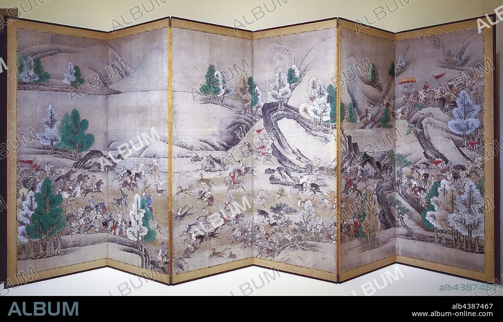 Tartar Hunt, School of Hasegawa Tohaku (Japanese, 1539-1610), Edo, 17th century, ink, color, paper, 65 x 24-1/4 in. (each panel), Asian Art.