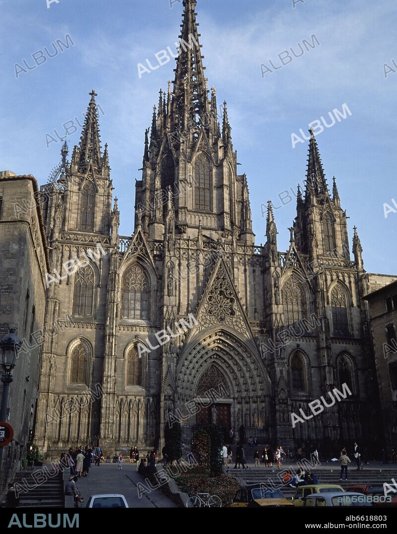 JOSEP ORIOL MESTRES I ESPULGAS (1815-1895). FACHADA PRINCIPAL DE LA CATEDRAL DE BARCELONA - NEOGOTICO - SIGLO XIX - FOTO AÑOS 80.