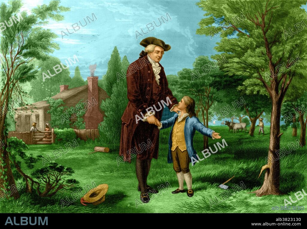 The cherry tree myth is the most well-known and longest enduring legend about George Washington. In the original story, when Washington was six years old he received a hatchet as a gift and damaged his father's cherry tree. When his father discovered what he had done, he became angry and confronted him. Young George bravely said, "I cannot tell a lie. I did cut it with my hatchet." Washington's father embraced him and rejoiced that his son's honesty was worth more than a thousand trees. The anecdote was first reported by biographer Parson Weems, who after Washington's death interviewed people who knew him as a child over a half-century earlier. The Weems text was very widely reprinted throughout the 19th century. There was no documentation for this anecdote apart from Weems' report that he learned it in an interview with an old person. No one has found an alternative source for the cherry tree story. George Washington (February 22, 1732 - December 14, 1799) was the first President of the United States of America, serving from 1789 to 1797, and dominant military and political leader of the United States from 1775 to 1799.