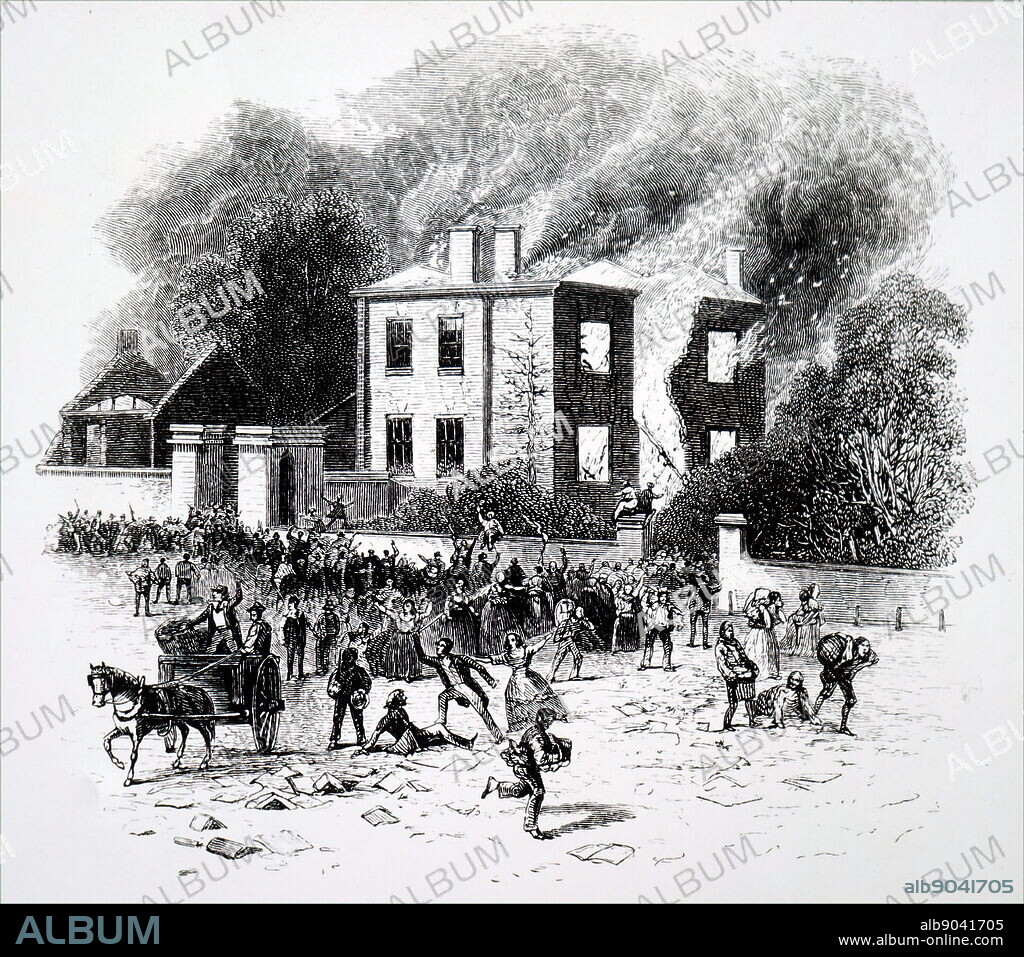 Engraving depicting a the burning of Joseph Priestley's home during the 1791 Birmingham Riots. Joseph Priestley (1733-1804) an English theologian, English Dissenters clergyman, natural philosopher, chemist, innovative grammarian, multi-subject educator, and liberal political theorist. Dated 19th century.