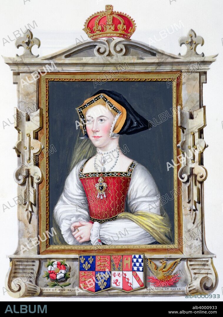 Jane Seymour, third wife and Queen of Henry VIII, (1825). Jane Seymour (c1509-1537) married Henry the day after the execution of the king's scond wife, Anne Boleyn. She was queen for less than two years, dying of puerperal fever, twelve days after giving birth to Henry's longed-for son, who later became Edward VI. After a portrait by Hans Holbein. From Memoirs of the Court of Queen Elizabeth  published in 1825.