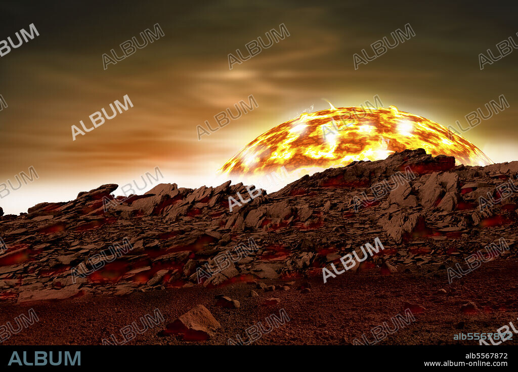 An artist's depiction of an alien world in close proximity to the star it revolves around.