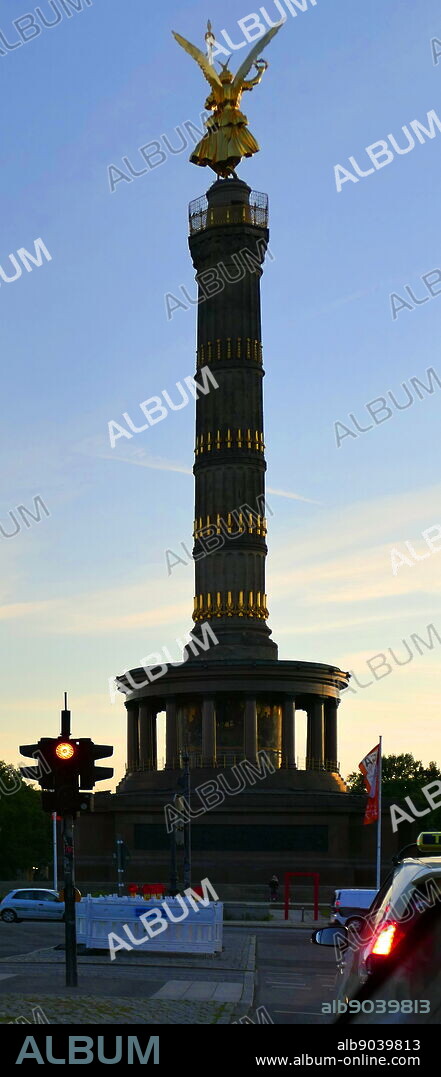 Photograph of the Victory Column (Siegessaule) Monument in Berlin, Germany. Designed by Heinrich Strack, after 1864 to commemorate the Prussian victory in the Danish-Prussian War. Heinrich Strack (1805-1880) a German architect of the Schinkelschule. Dated 21st Century.